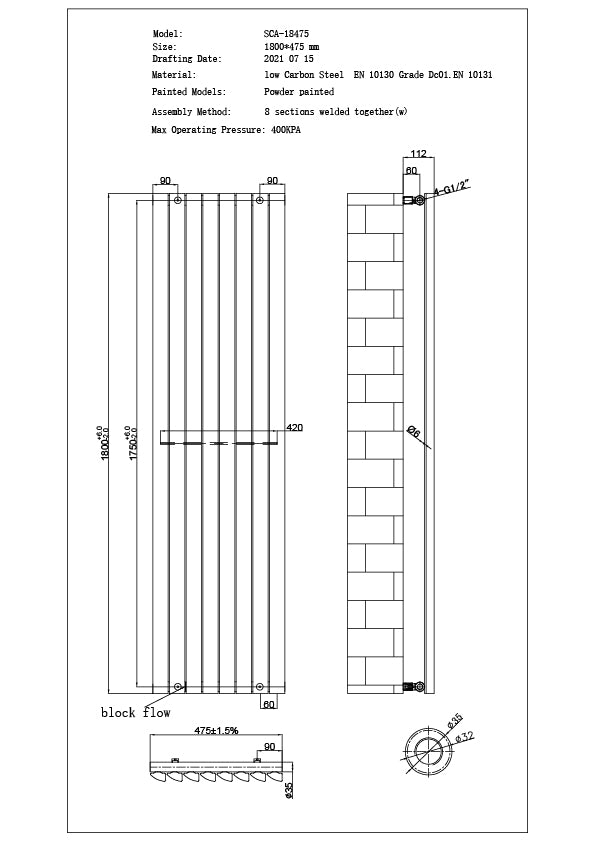 Scalloway - White Vertical Radiator H1800mm x W475mm Single Panel