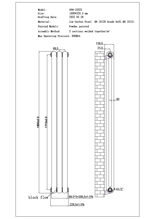 Sherwood - White Vertical Round Top Column Radiator H1800mm x W229mm 2 Column