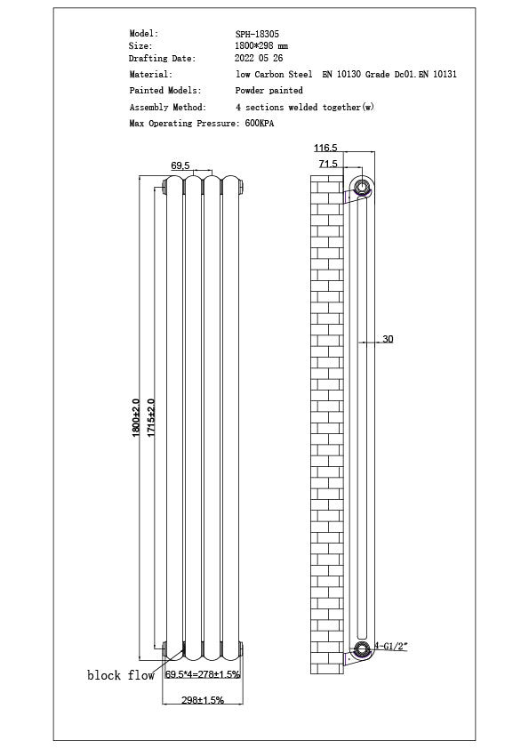 Sherwood - Black Vertical Round Top Column Radiator H1800mm x W298mm 2 Column