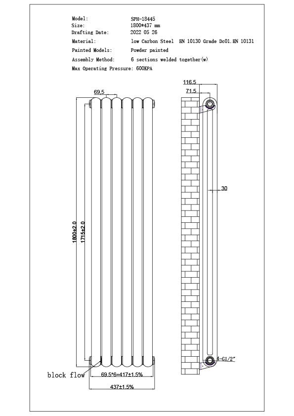 Sherwood - Anthracite Vertical Round Top Column Radiator H1800mm x W437mm 2 Column