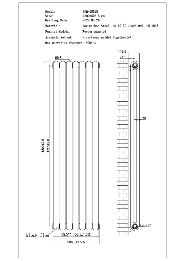 Sherwood - Anthracite Vertical Round Top Column Radiator H1800mm x W507mm 2 Column