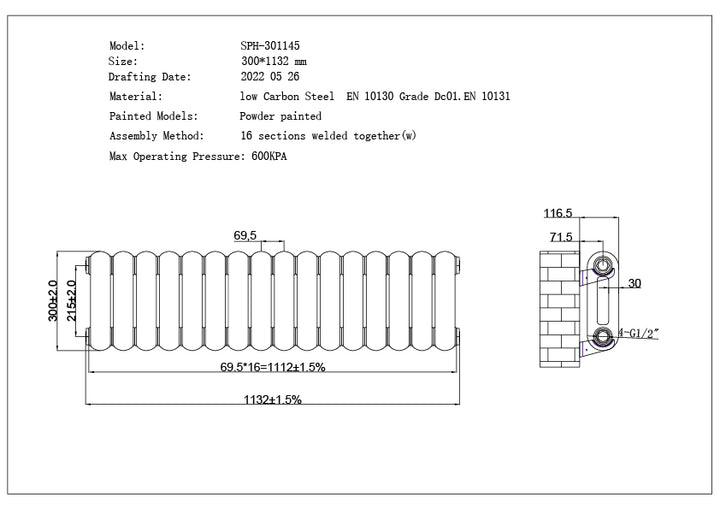 Sherwood - White Round Top Column Radiator H300mm x W1132mm 2 Column