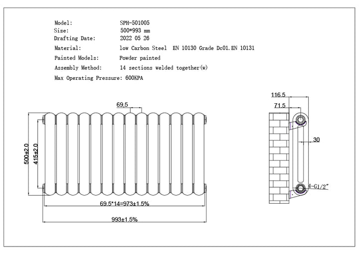 Sherwood - Black Round Top Column Radiator H500mm x W993mm 2 Column