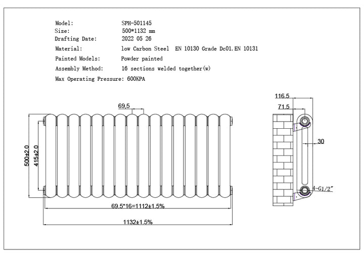 Sherwood - Black Round Top Column Radiator H500mm x W1132mm 2 Column