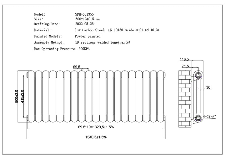 Sherwood - Anthracite Round Top Column Radiator H500mm x W1340mm 2 Column