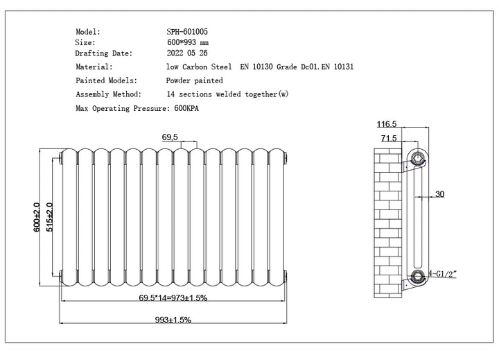 Sherwood - Anthracite Round Top Column Radiator H600mm x W993mm 2 Column