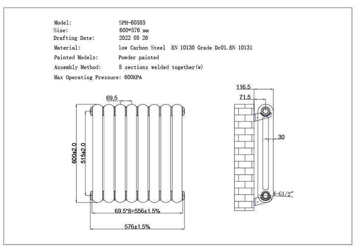 Sherwood - Anthracite Round Top Column Radiator H600mm x W576mm 2 Column