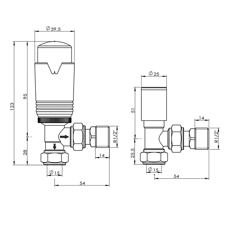 Talus Bold - Polished Brass Thermostatic Radiator Valve & Lockshield Angled 8mm