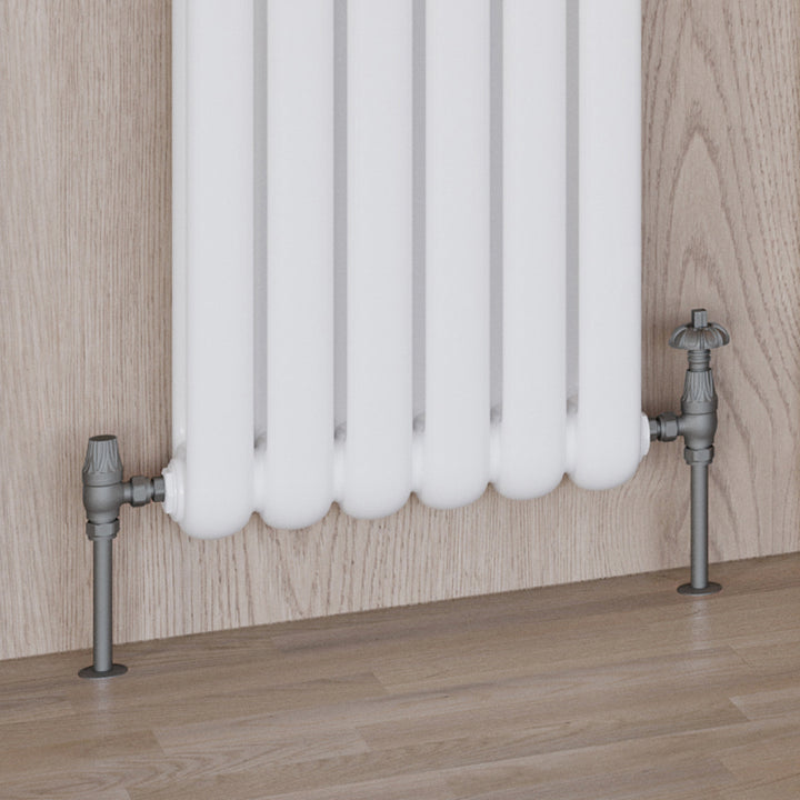 Signature Metal Head - Natural Pewter Thermostatic Radiator Valve & Lockshield Angled 8mm