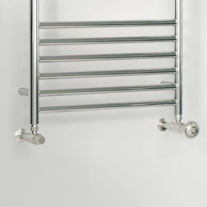 Signature Metal Head - Silver Nickel Thermostatic Radiator Valve & Lockshield Angled 15mm