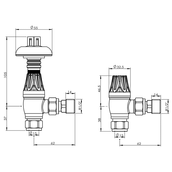 Signature Metal Head - Polished Brass Thermostatic Radiator Valve & Lockshield Angled 8mm