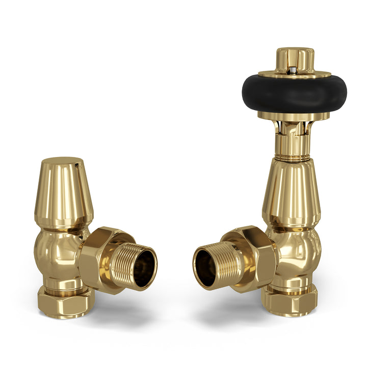 Signature Wooden Head - Polished Brass Thermostatic Radiator Valve & Lockshield Angled 10mm