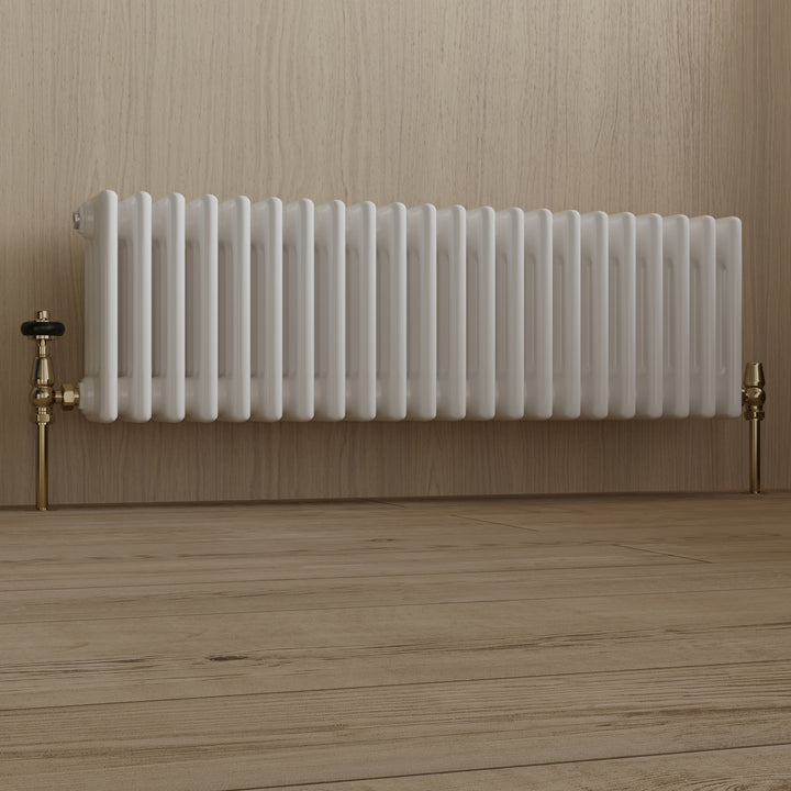 Signature Wooden Head - Polished Brass Thermostatic Radiator Valve & Installation Kit Angled 15mm