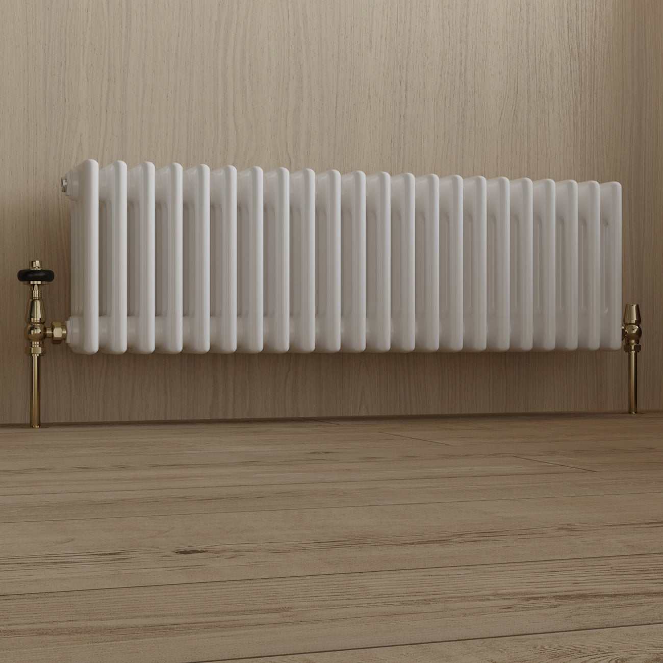 Signature Wooden Head - Polished Brass Thermostatic Radiator Valves Angled