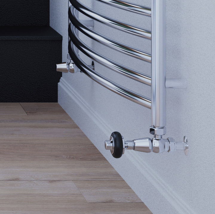 Signature Wooden Head - Chrome Thermostatic Radiator Valve & Lockshield Angled 15mm