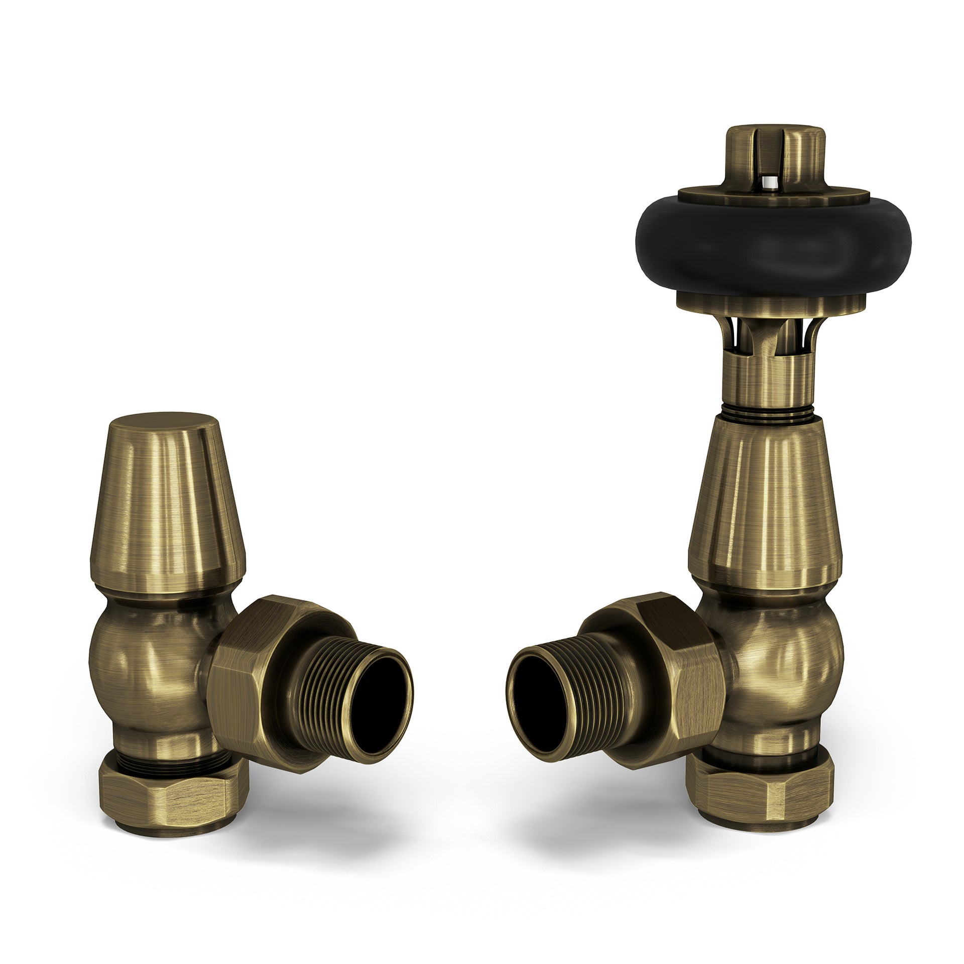 Signature Wooden Head - Antique Brass Thermostatic Radiator Valve & Lockshield Angled 10mm