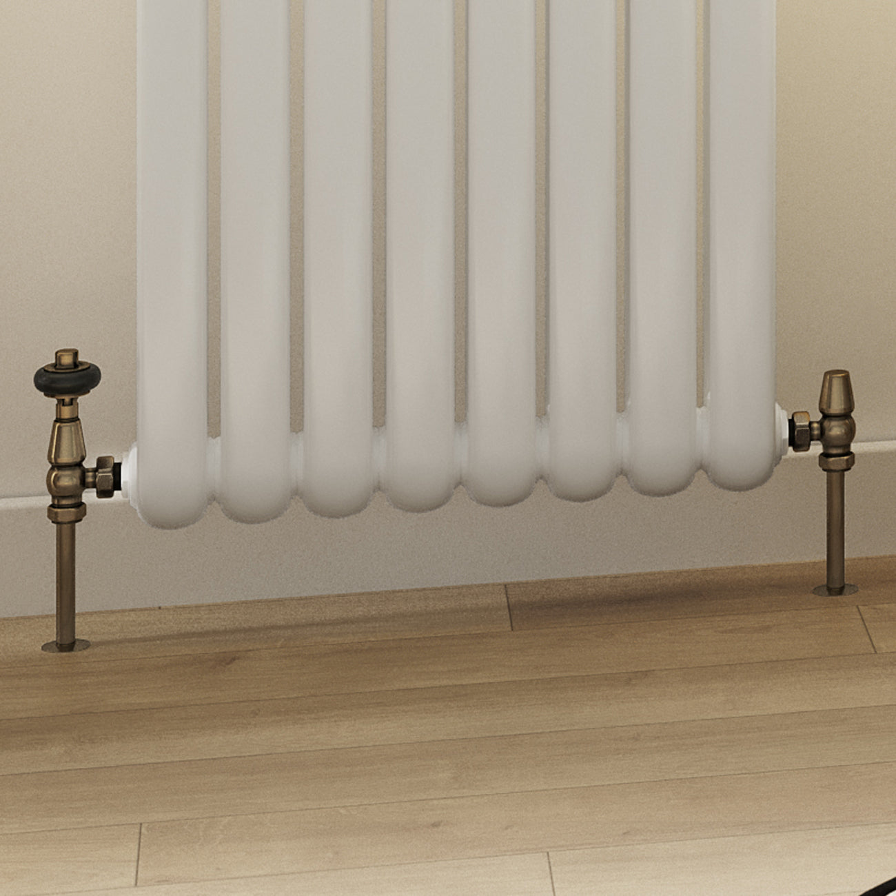 Signature Wooden Head - Antique Brass Thermostatic Radiator Valves Angled
