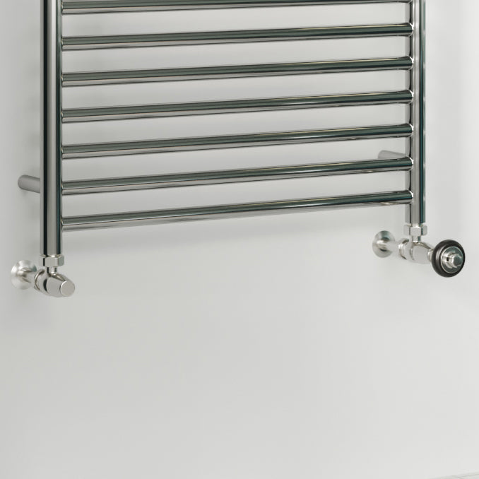 Signature Wooden Head - Silver Nickel Thermostatic Radiator Valve & Lockshield Angled 15mm