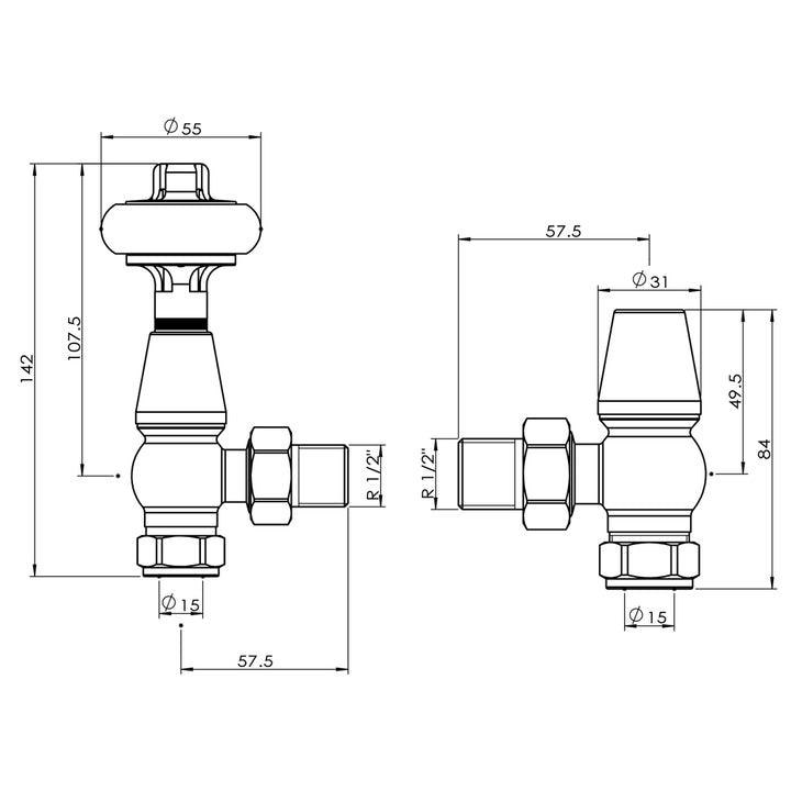 Signature Wooden Head - Polished Brass Thermostatic Radiator Valve & Lockshield Angled 8mm