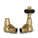 Signature Wooden Head - Polished Brass Thermostatic Radiator Valve & Lockshield Corner 10mm