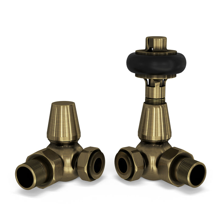 Signature Wooden Head - Thermostatic Radiator Valve & Accessory Kit - Antique Brass Corner 15mm