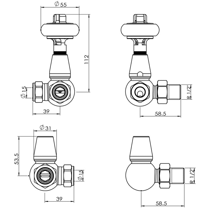 Signature Wooden Head - Antique Brass Thermostatic Radiator Valve & Installation Kit Corner 15mm