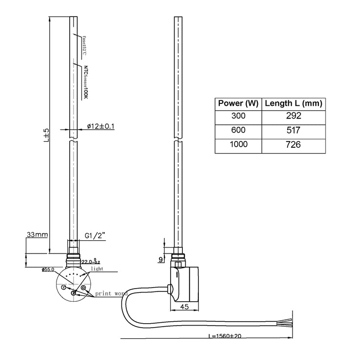 Talus - Dual Fuel Towel Rail Kit 600w Touch Thermostatic