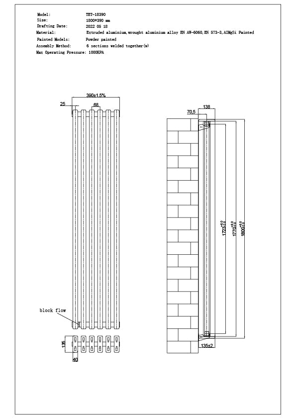 Temple - Black Vertical Square Tube Column Radiator H1800mm x W390mm