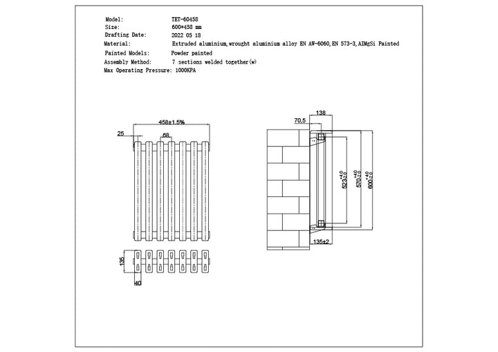 Temple - White Square Tube Column Radiator H600mm x W458mm