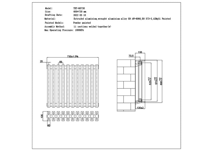 Temple - White Square Tube Column Radiator H600mm x W730mm