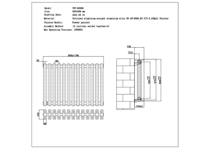 Temple - Black Square Tube Column Radiator H600mm x W886mm