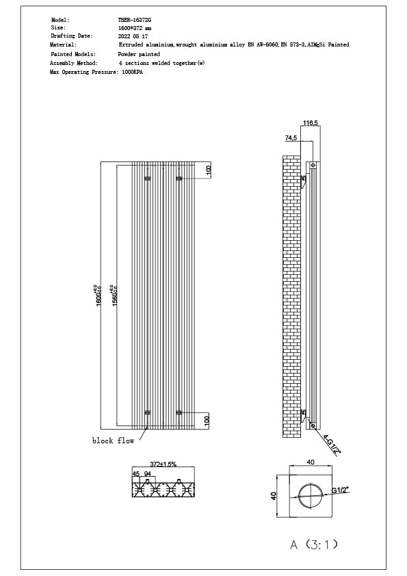 Thetford - Black Vertical Radiator H1600mm x W372mm Grooved