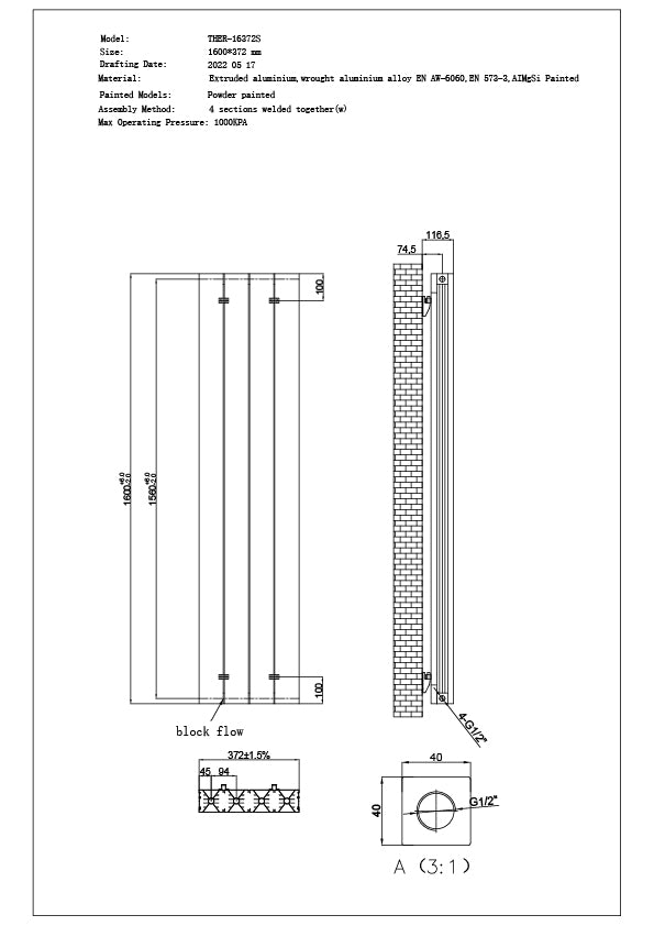 Thetford - Black Vertical Radiator H1600mm x W372mm Smooth