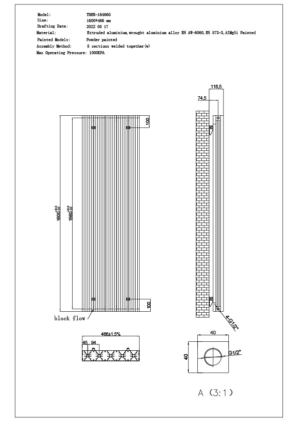 Thetford - Black Vertical Radiator H1600mm x W466mm Grooved