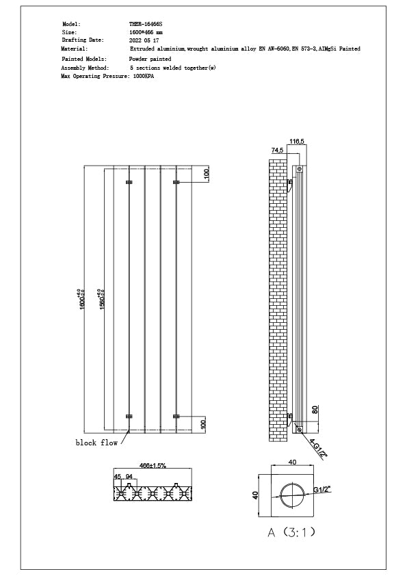 Thetford - Black Vertical Radiator H1600mm x W466mm Smooth