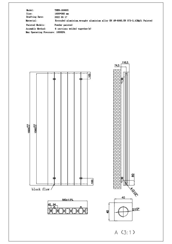 Thetford - Black Vertical Radiator H1600mm x W560mm Smooth