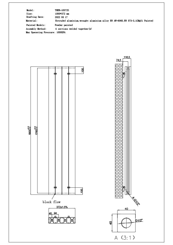 Thetford - White Vertical Radiator Double Panel H1800mm x W372mm Smooth
