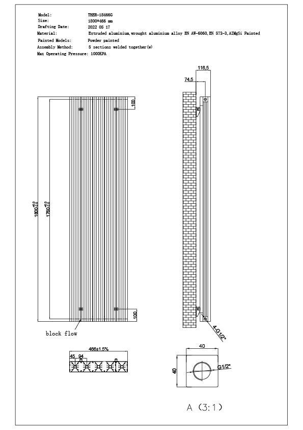 Thetford - Black Vertical Radiator H1800mm x W466mm Grooved