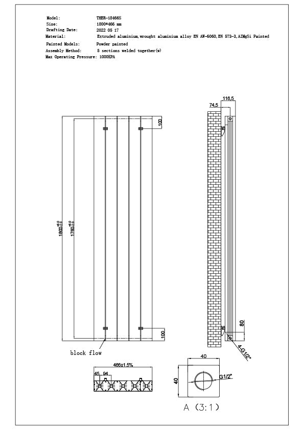 Thetford - Black Vertical Radiator Double Panel H1800mm x W466mm Smooth