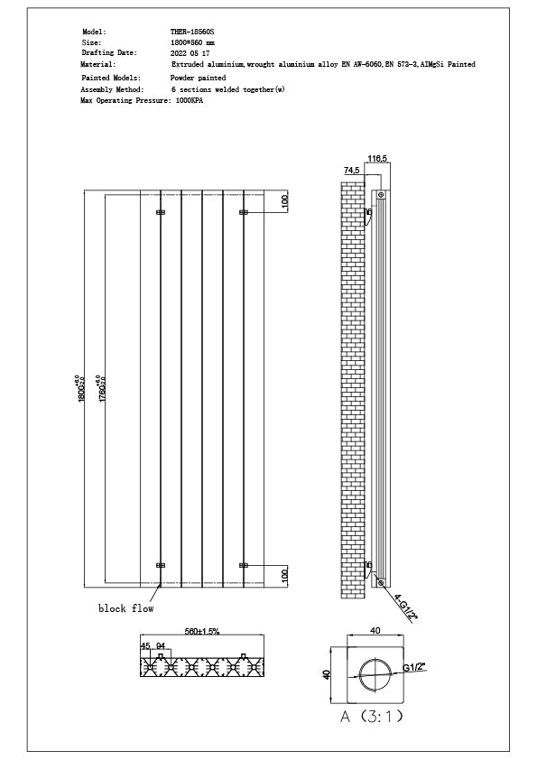 Thetford - Black Vertical Radiator H1800mm x W560mm Smooth