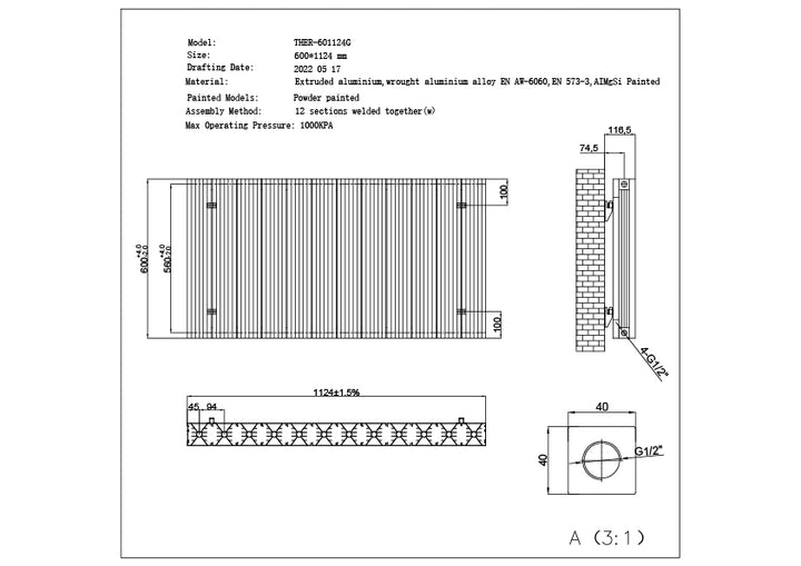 Thetford - Anthracite Horizontal Electric Radiator Double Panel H600mm x W1124mm Grooved 1200w Thermostatic WIFI
