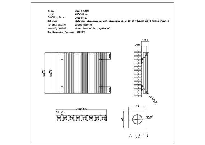 Thetford - Anthracite Horizontal Radiator H600mm x W748mm Grooved