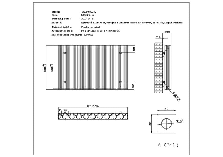 Thetford - White Horizontal Radiator H600mm x W936mm Grooved