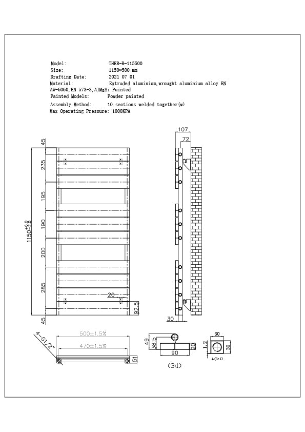 Thetford - Anthracite Electric Towel Rail H1150mm x W500mm 500w Standard