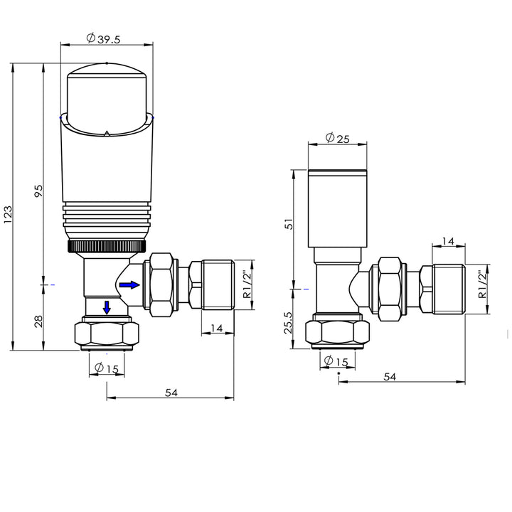Talus Bold - Chrome Thermostatic Radiator Valve & Lockshield Angled 8mm
