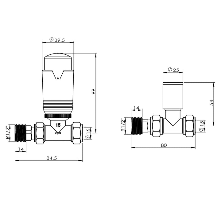 Talus Flair - Chrome Thermostatic Radiator Valve & Lockshield Straight 15mm