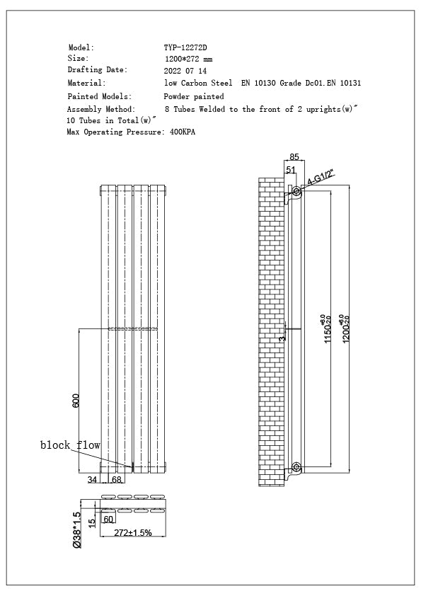 Typhoon - Black Designer Radiator H1200mm x W272mm Double Panel - Feet Included