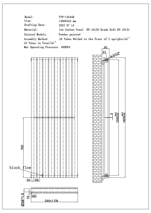 Typhoon - Black Designer Radiator H1400mm x W544mm Double Panel - Feet Included