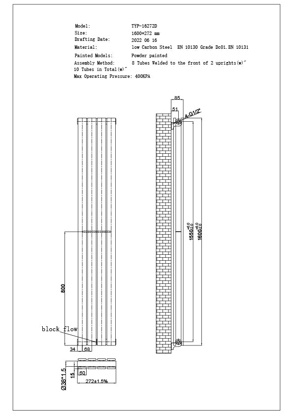 Typhoon - Black Designer Radiator H1600mm x W272mm Double Panel - Feet Included