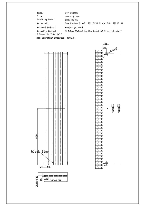 Typhoon - Black Vertical Radiator H1600mm x W340mm Single Panel